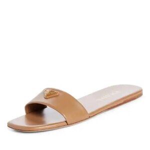 PRADA Triangle Logo Leather Flat Slide Sandals Shoes Caramel